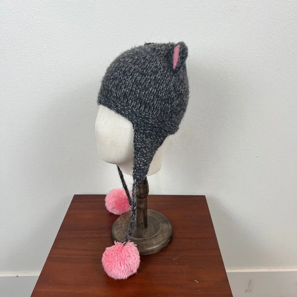 Andes Gifts Kids Cat Earflap Beanie Alpaca Blend Grey Pink Pom Pom Hat Peru